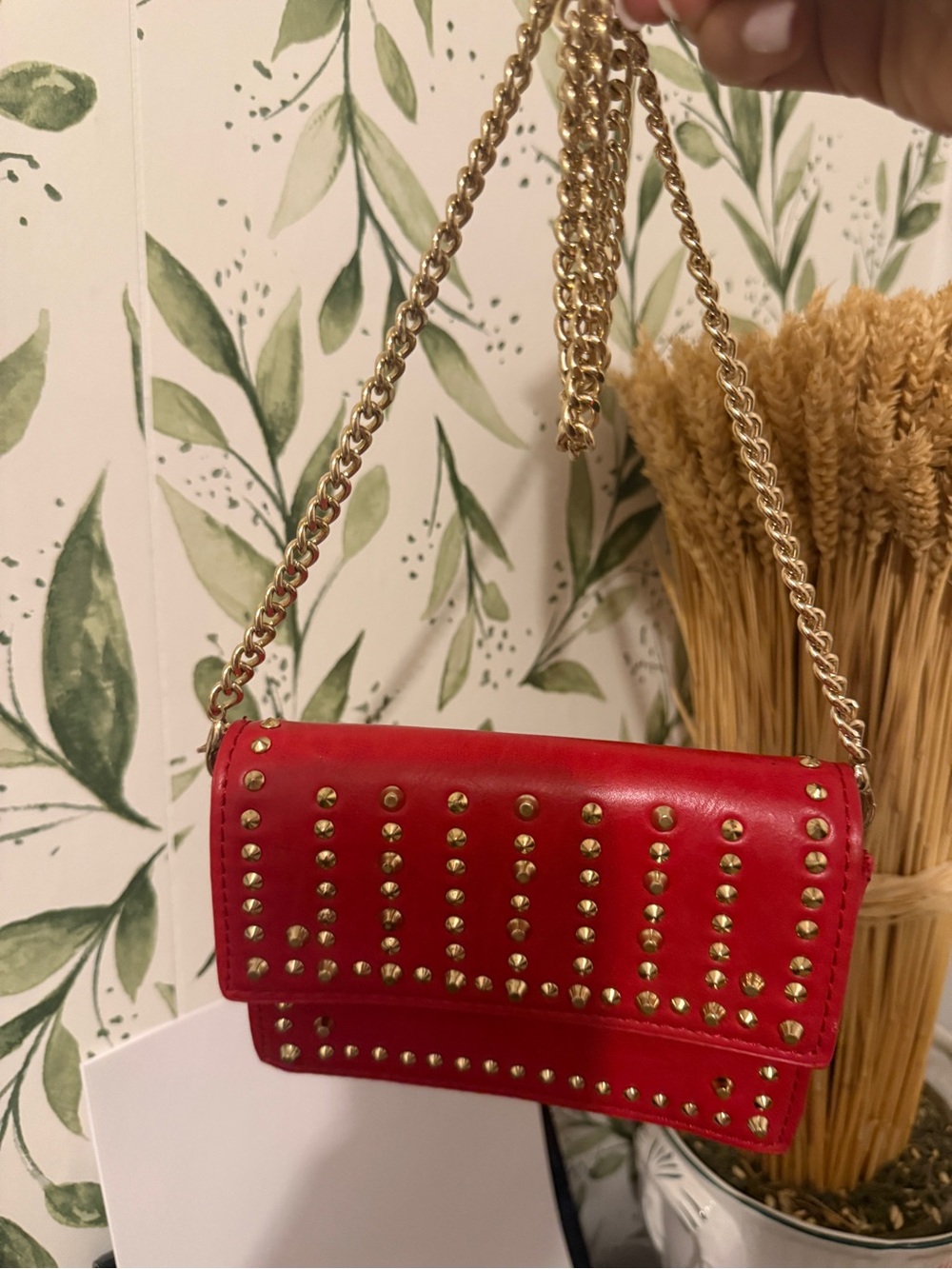 Zara Red Studded Crossbody Bag with Gold Chain